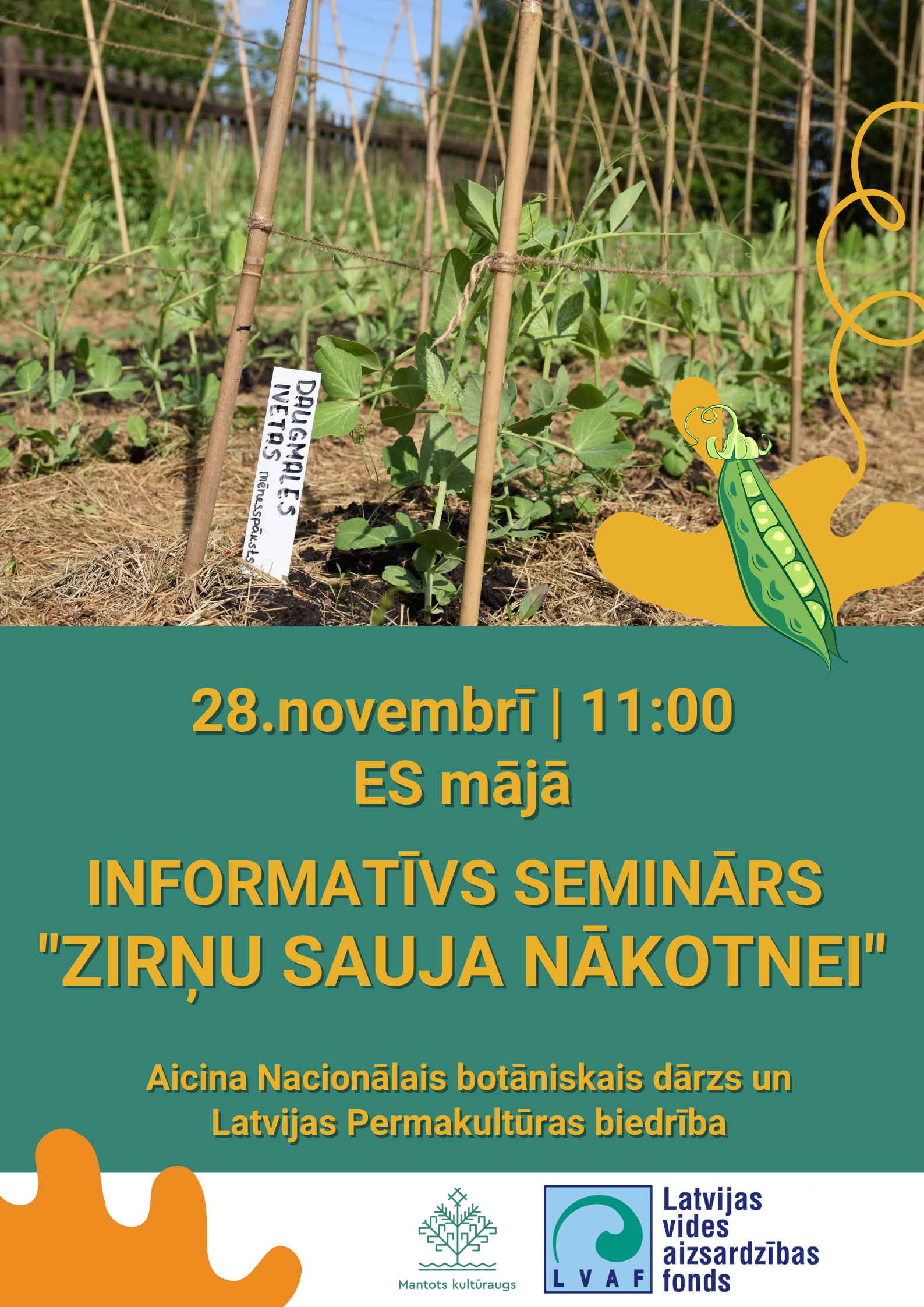Nacionālais botāniskais dārzs un Latvijas Permakultūras biedrība aicina uz semināru "Zirņu sauja nākotnei" 28.novembrī plkst. 11:00 ES mājā